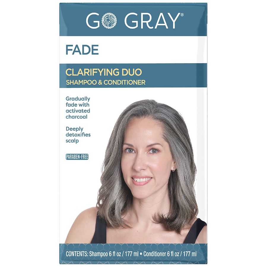 Go Gray™ Fade Shampoo and Conditioner from Pasteur Pharmacy, clarifying duo kit for gray hair care, visible bottles with labels.