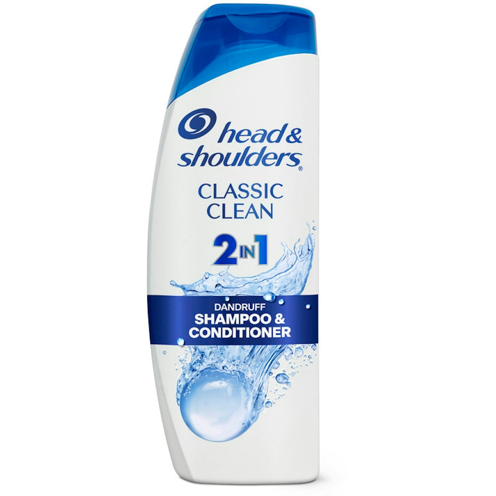 Head & Shoulders Classic Clean 2-in-1 dandruff shampoo and conditioner bottle, 12.5 fl oz, with label and cap visible.