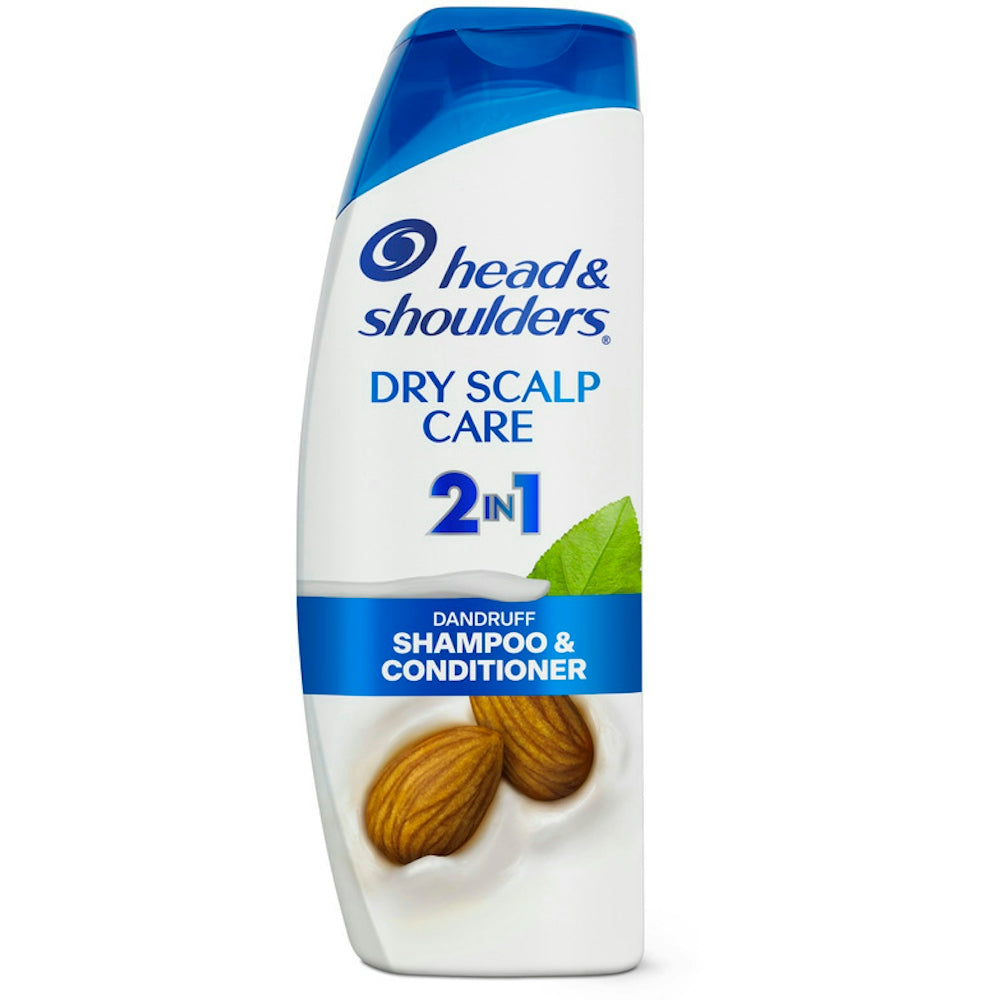 Head & Shoulders Dry Scalp Care 2-in-1 dandruff shampoo and conditioner in a 12.5 fl oz bottle, designed for dry scalp relief.