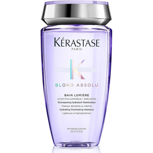 Kérastase Blond Absolu Bain Lumière shampoo bottle, 250 ml, for blonde hair care, with sleek packaging and brand logo visible.