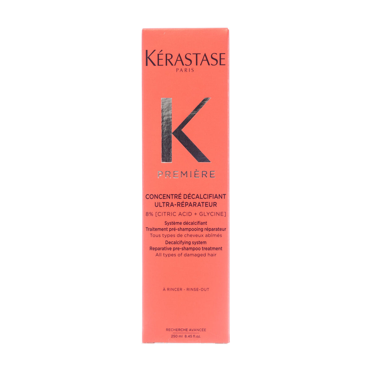 Kerastase Premiere Concentre Decalcifiant Ultra Reparateur Pre-Shampoo Treatment bottle, 8.45oz/250ml, for damaged hair care.