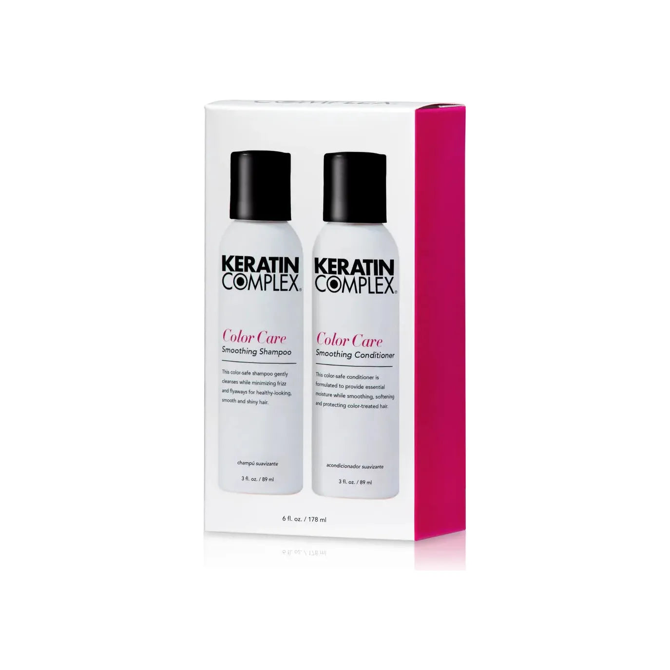 Keratin Complex Color Care Smoothing Shampoo and Conditioner duo by Pasteur Pharmacy, 90ml/3oz each, for color-treated hair.
