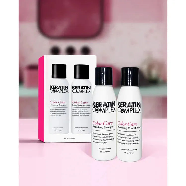 Pasteur Pharmacy Keratin Complex Color Care Smoothing Shampoo and Conditioner duo, 90ml/3oz bottles, for vibrant, smooth hair.