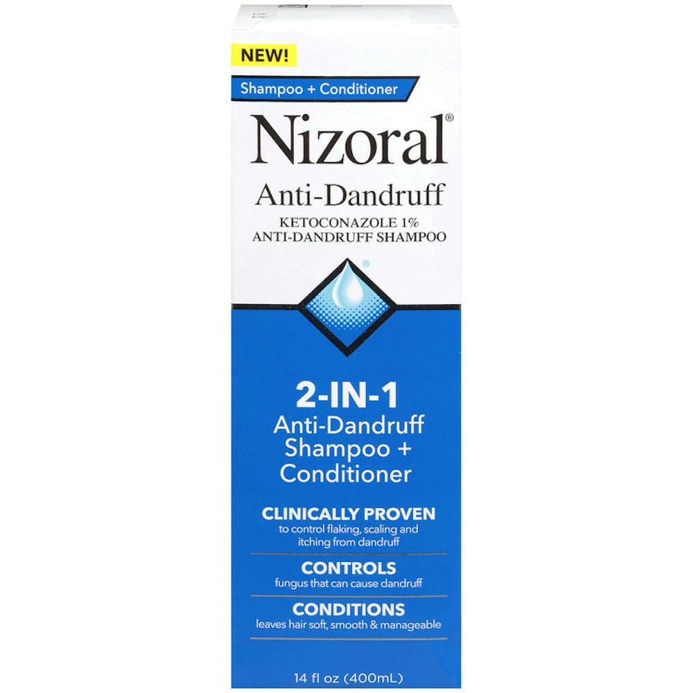 Nizoral 2-in-1 anti-dandruff shampoo with conditioner in 14 fl oz bottle, shown with the product packaging and label.