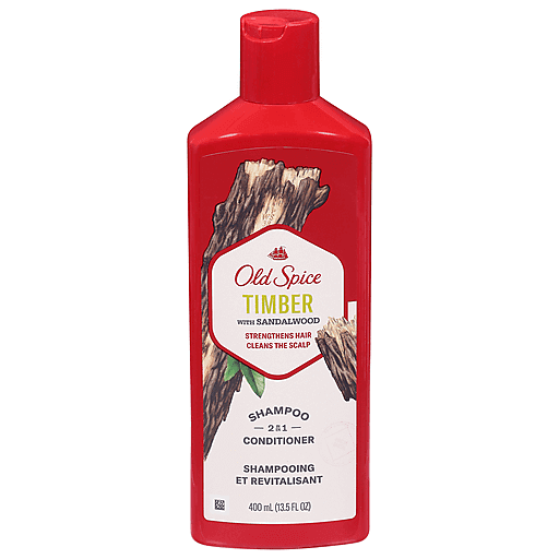 Old Spice Timber with Sandalwood 2-in-1 shampoo and conditioner bottle, 13.5 fl oz, from Pasteur Pharmacy.