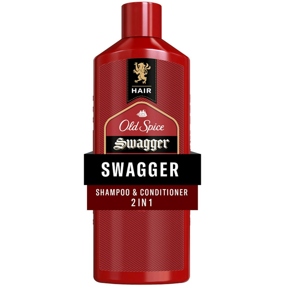 Old Spice Swagger 2-in-1 shampoo and conditioner for men in a 13.5 Fl Oz bottle, featuring a sleek, masculine design.