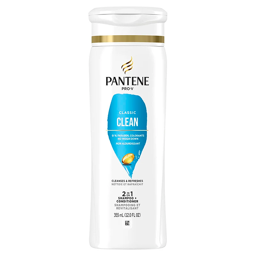 Pantene Classic Clean 2-in-1 Shampoo and Conditioner bottle, 12 fl oz, for clean, refreshed hair.