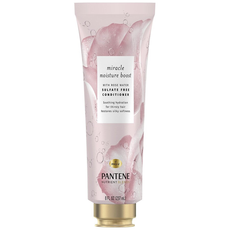 Pantene Nutrient Blends Miracle Moisture Boost Rose Water Conditioner for dry hair, sulfate-free, in a white bottle with pink accents.