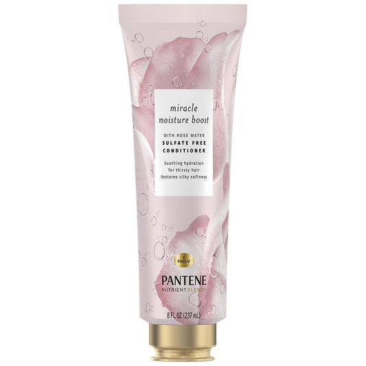 Pantene Nutrient Blends Miracle Moisture Boost Rose Water Conditioner for dry hair, sulfate-free, in a white bottle with pink accents.