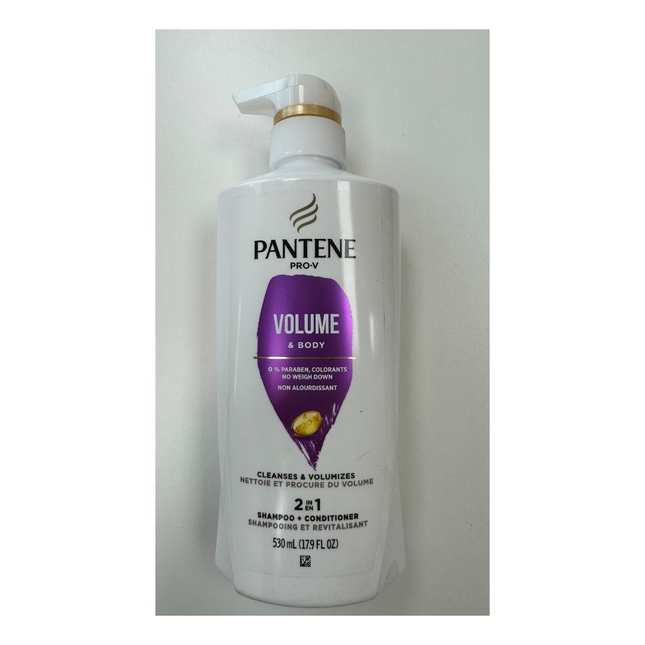 Pantene Pro-V Volume & Body 2-in-1 shampoo and conditioner bottle, 17.9 fl oz, for adding volume and body to hair.