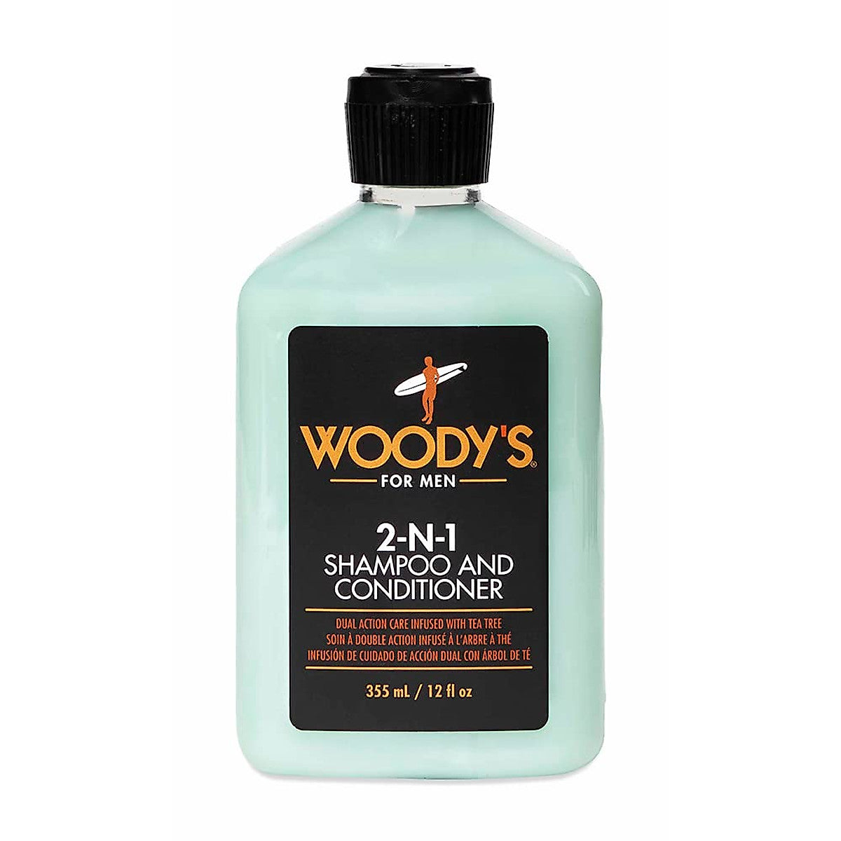 Woody's For Men 2-in-1 thickening shampoo and conditioner bottle, 12 oz, natural hair care product for men