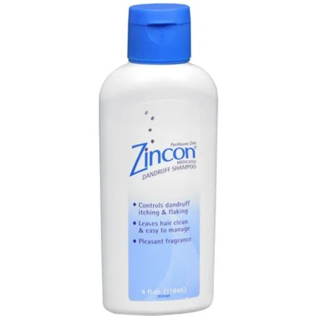 Zincon medicated dandruff shampoo in 8 oz bottle, Pasteur Pharmacy brand, with packaging and product label visible.
