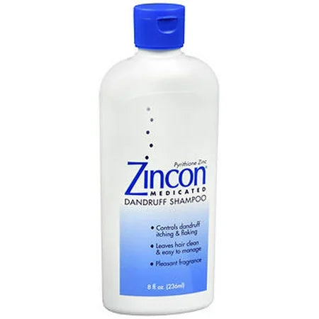 Pasteur Pharmacy Zincon Medicated Shampoo 8 oz bottle for scalp relief, shown with label and pump dispenser.