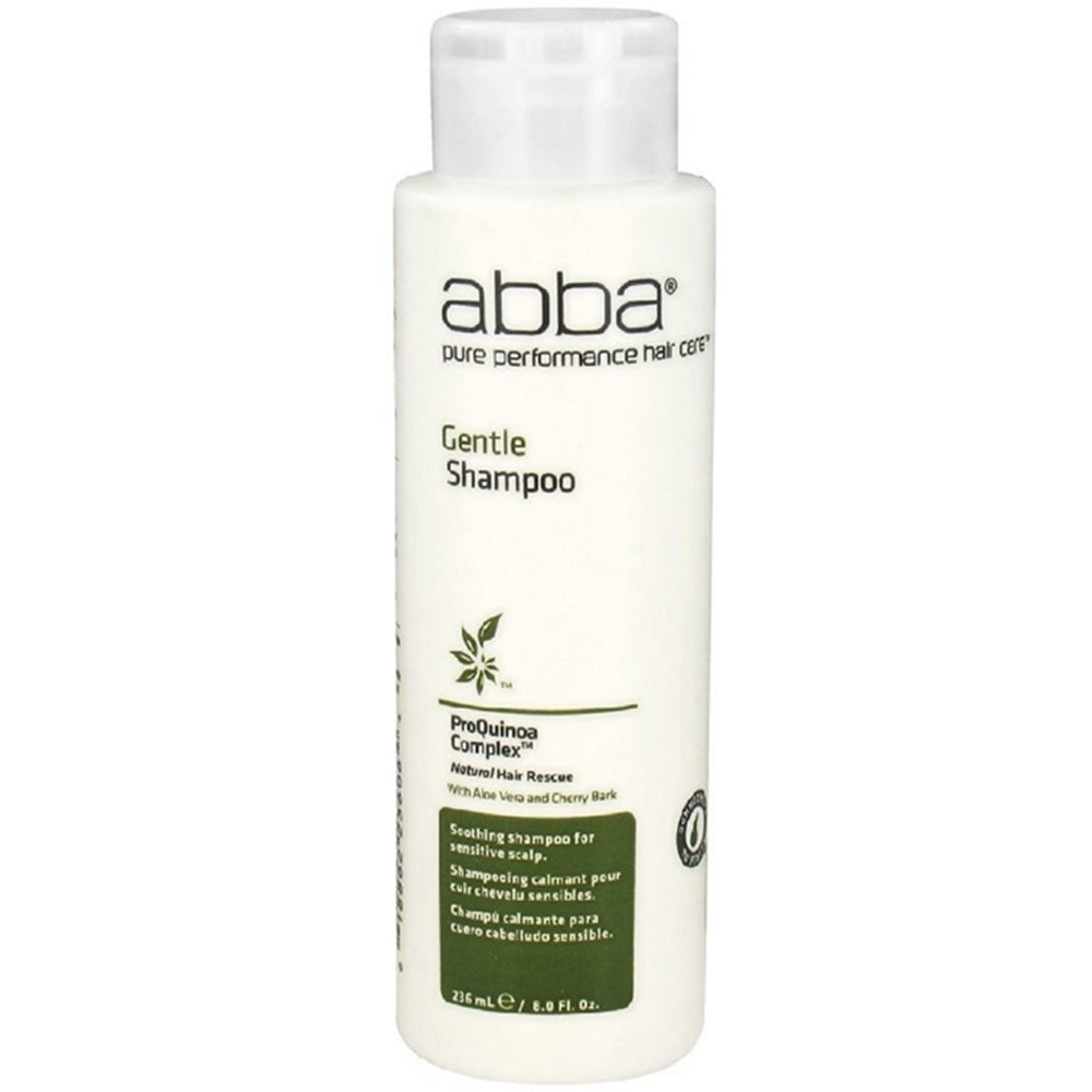Abba Pure Gentle Shampoo in a clear bottle with a white pump dispenser, designed for gentle hair cleansing.