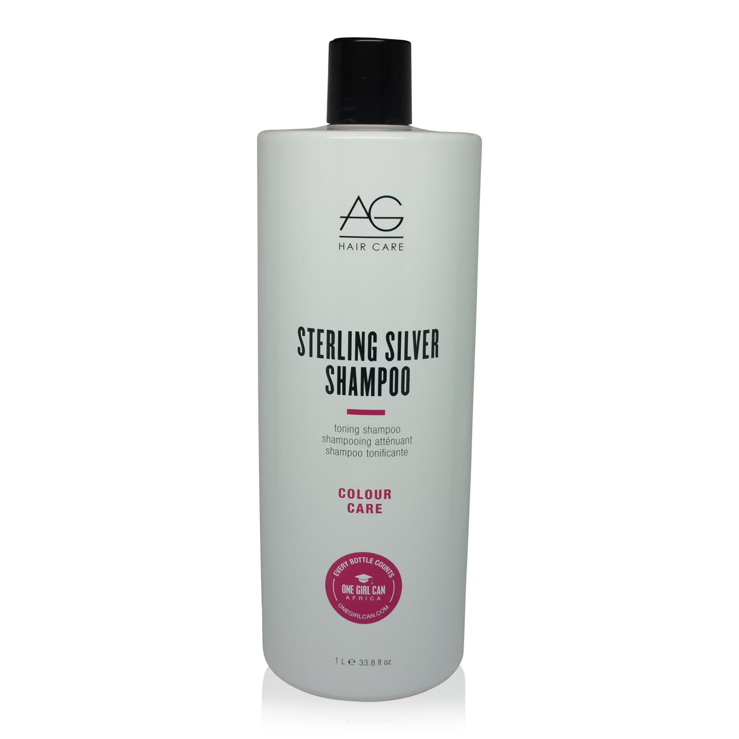 AG Hair Cosmetics Colour Care Sterling Silver Toning Shampoo bottle, 237ml, with silver-toned label and product details visible.