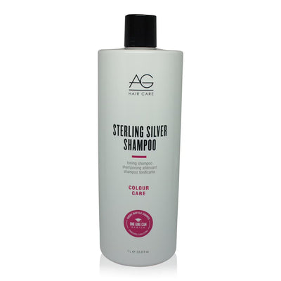 AG Hair Cosmetics Colour Care Sterling Silver Toning Shampoo bottle, 237ml, with silver-toned label and product details visible.