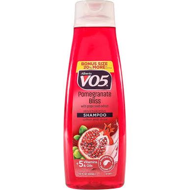 Alberto VO5 Pomegranate Bliss Shampoo with Grape Seed Extract in a 15 oz bottle, featuring a purple and white design.