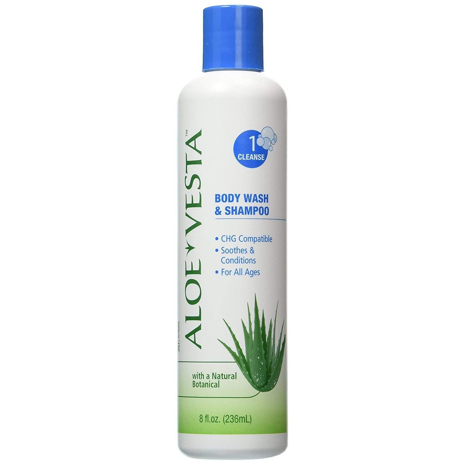 Aloe Vesta ConvaTec 2-in-1 body wash and shampoo in an 8 oz bottle, featuring a clear container with green and white label.