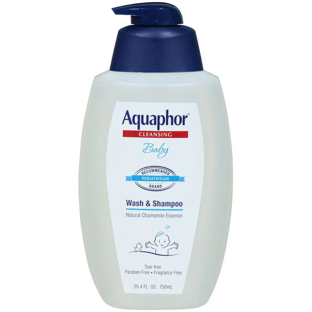 Aquaphor Baby Wash and Shampoo Pump by Pasteur Pharmacy in a 29.5 fl oz bottle, gentle for baby's skin and hair.
