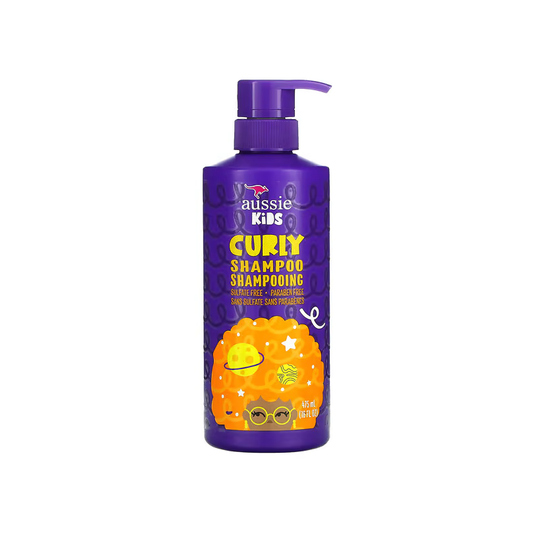 Aussie Kids Curly Shampoo in a 16 fl oz bottle with tropical fruit scent, featuring a colorful label and playful design.