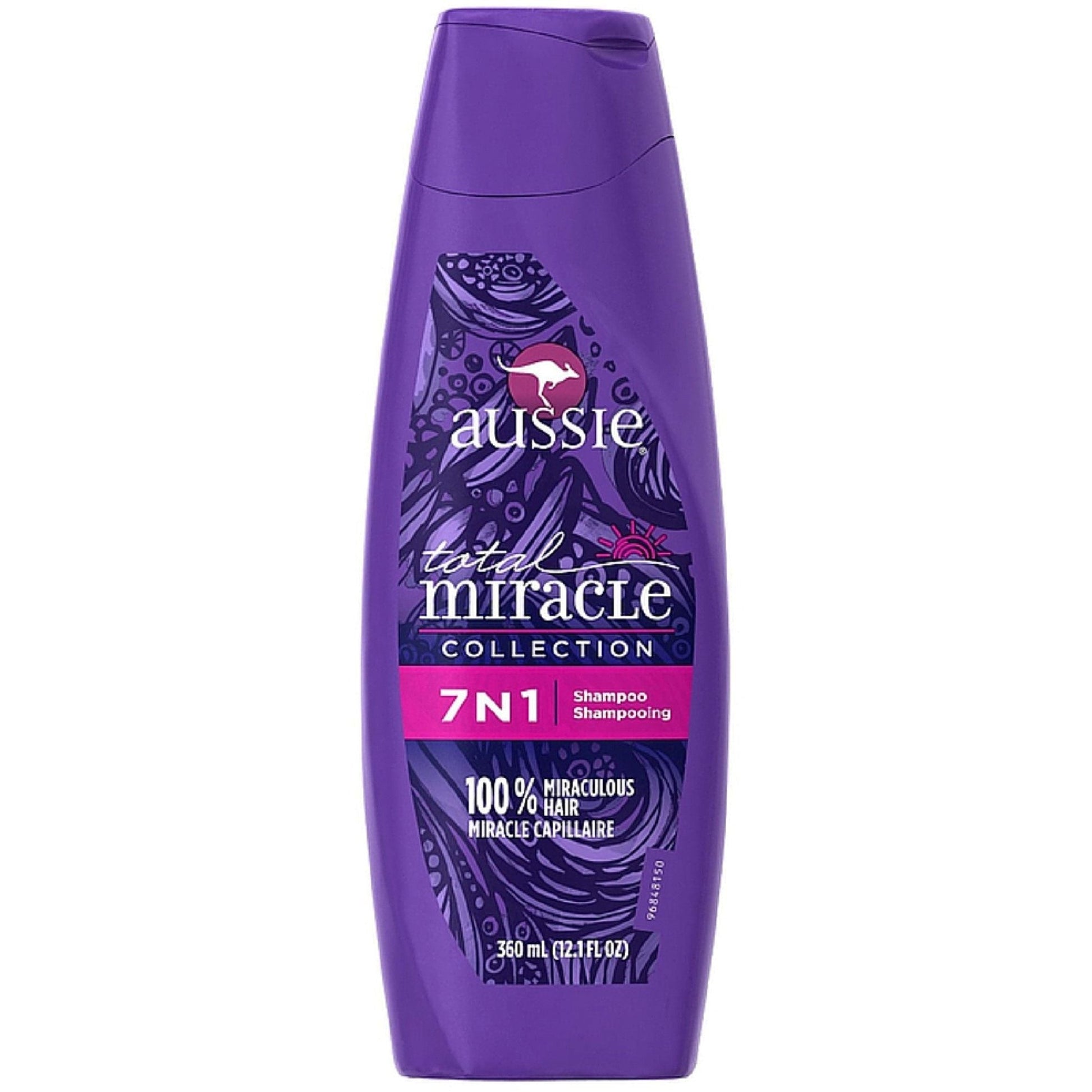 Aussie Total Miracle Shampoo with apricot and Australian macadamia oil in a 12.1 fl oz bottle, designed for nourishing hair care.