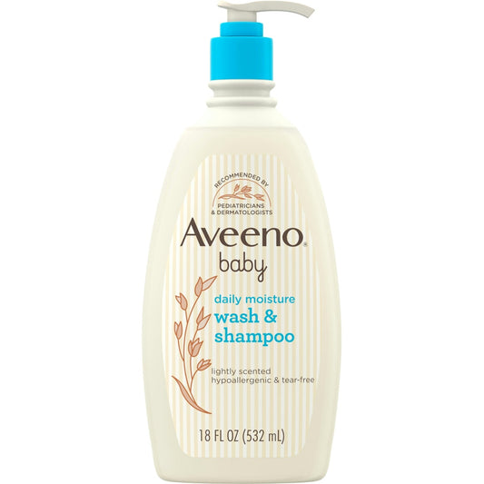 Aveeno Baby Daily Moisture gentle bath wash and shampoo in 18 fl oz bottle, suitable for delicate baby skin, with soft, gentle lather.