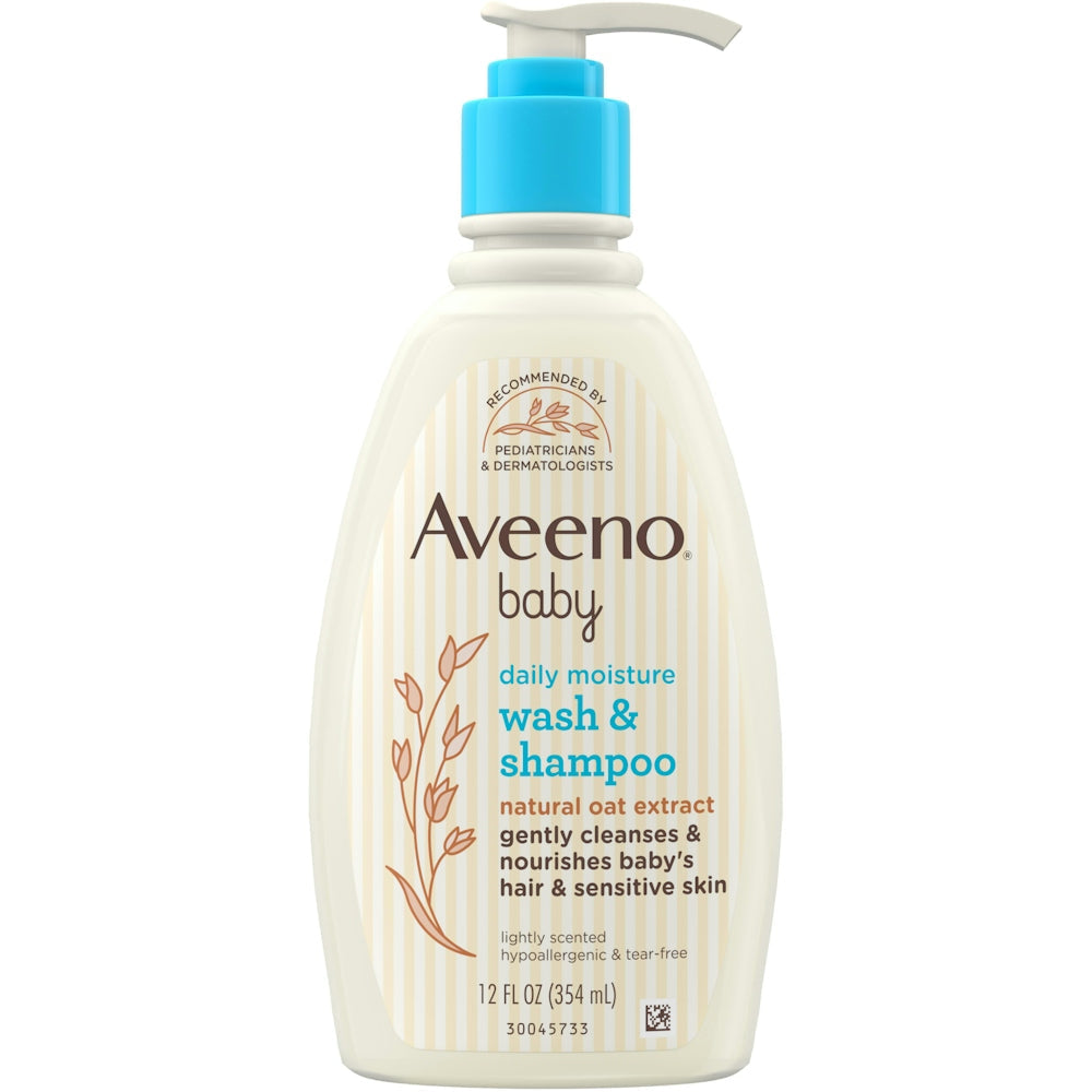 Aveeno Baby Wash and Shampoo in a 12 oz bottle, lightly scented, gentle formula for baby's delicate skin and hair.