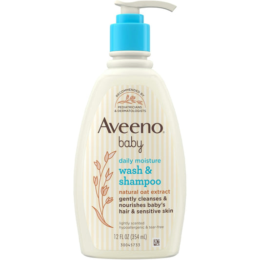 Aveeno Baby Wash and Shampoo in a 12 oz bottle, lightly scented, gentle formula for baby's delicate skin and hair.