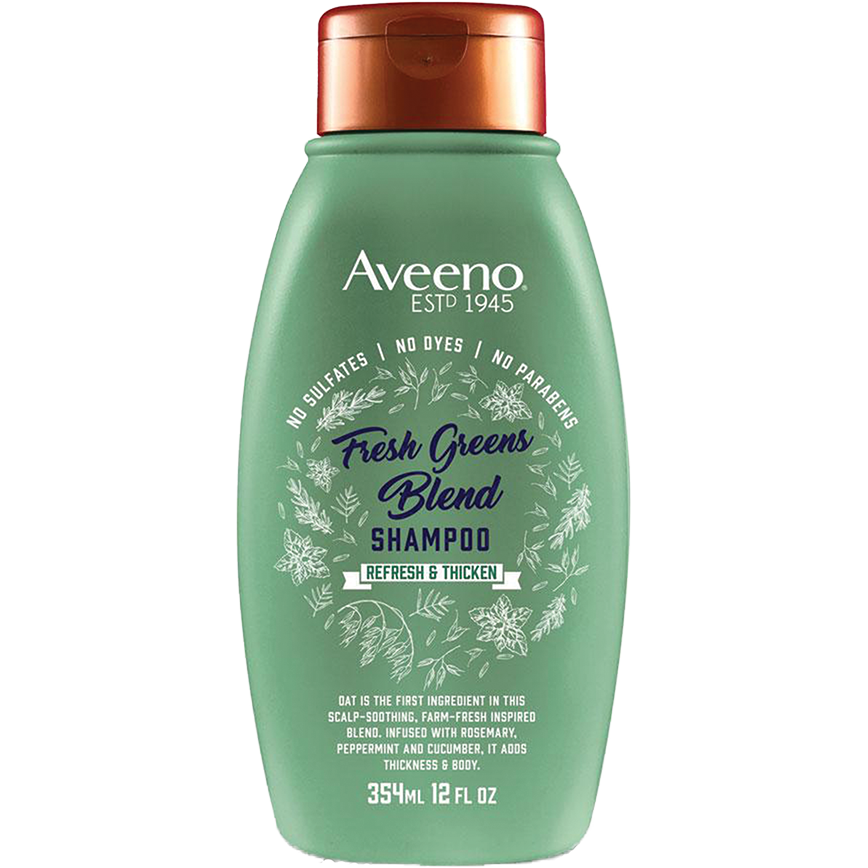 Aveeno Scalp Soothing Fresh Greens Blend Shampoo in 12 fl oz bottle, showing the shampoo bottle with green botanical design