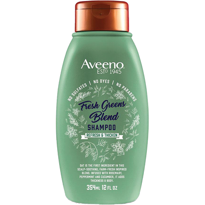 Aveeno Scalp Soothing Fresh Greens Blend Shampoo in 12 fl oz bottle, showing the shampoo bottle with green botanical design