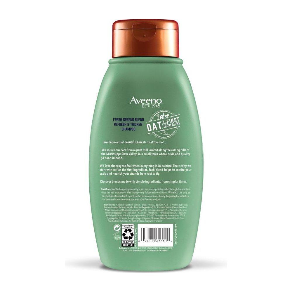 Aveeno Scalp Soothing Fresh Greens Blend Shampoo bottle, 12 fl oz, with green and white packaging, designed for scalp care.
