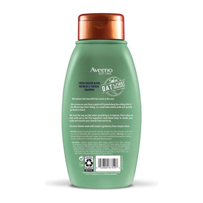 Aveeno Scalp Soothing Fresh Greens Blend Shampoo bottle, 12 fl oz, with green and white packaging, designed for scalp care.