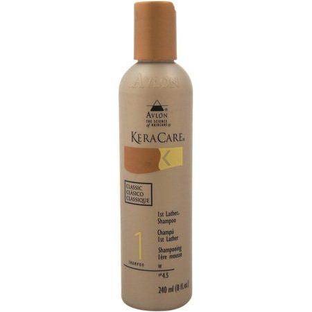 Avlon KeraCare 1st Lather Shampoo in 8 oz bottle, gentle hair cleansing shampoo with natural ingredients, suitable for all hair types.