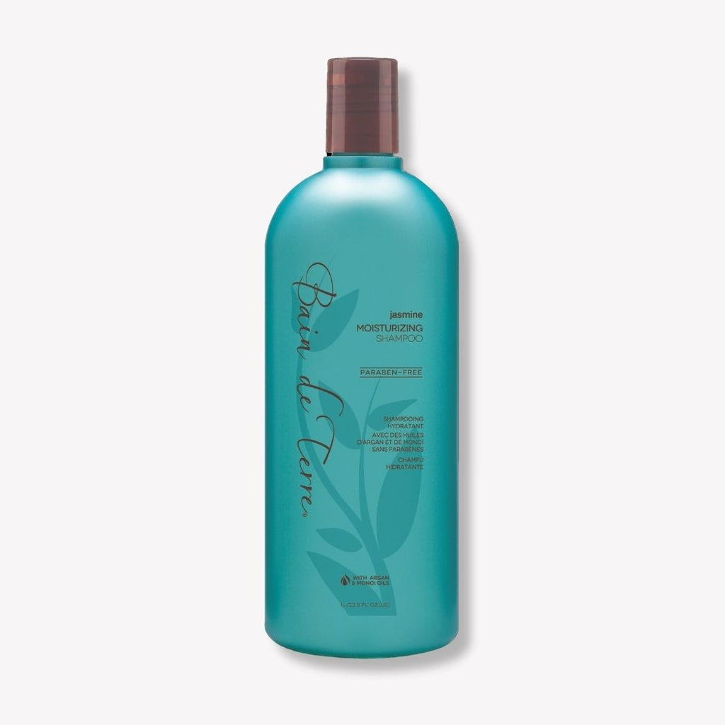 Bain de Terre Jasmine Moisturizing Shampoo bottle, 13.5 oz, with floral jasmine scent and clear shampoo liquid visible.