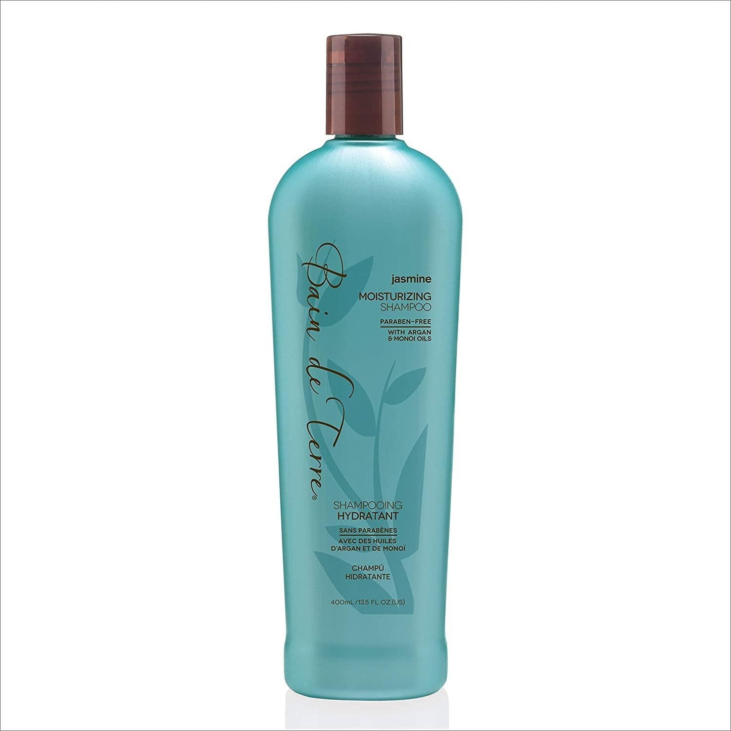 Bain De Terre Moisturizing Shampoo with Jasmine, 13.5 fl oz, natural hair care product in a clear bottle with a white cap