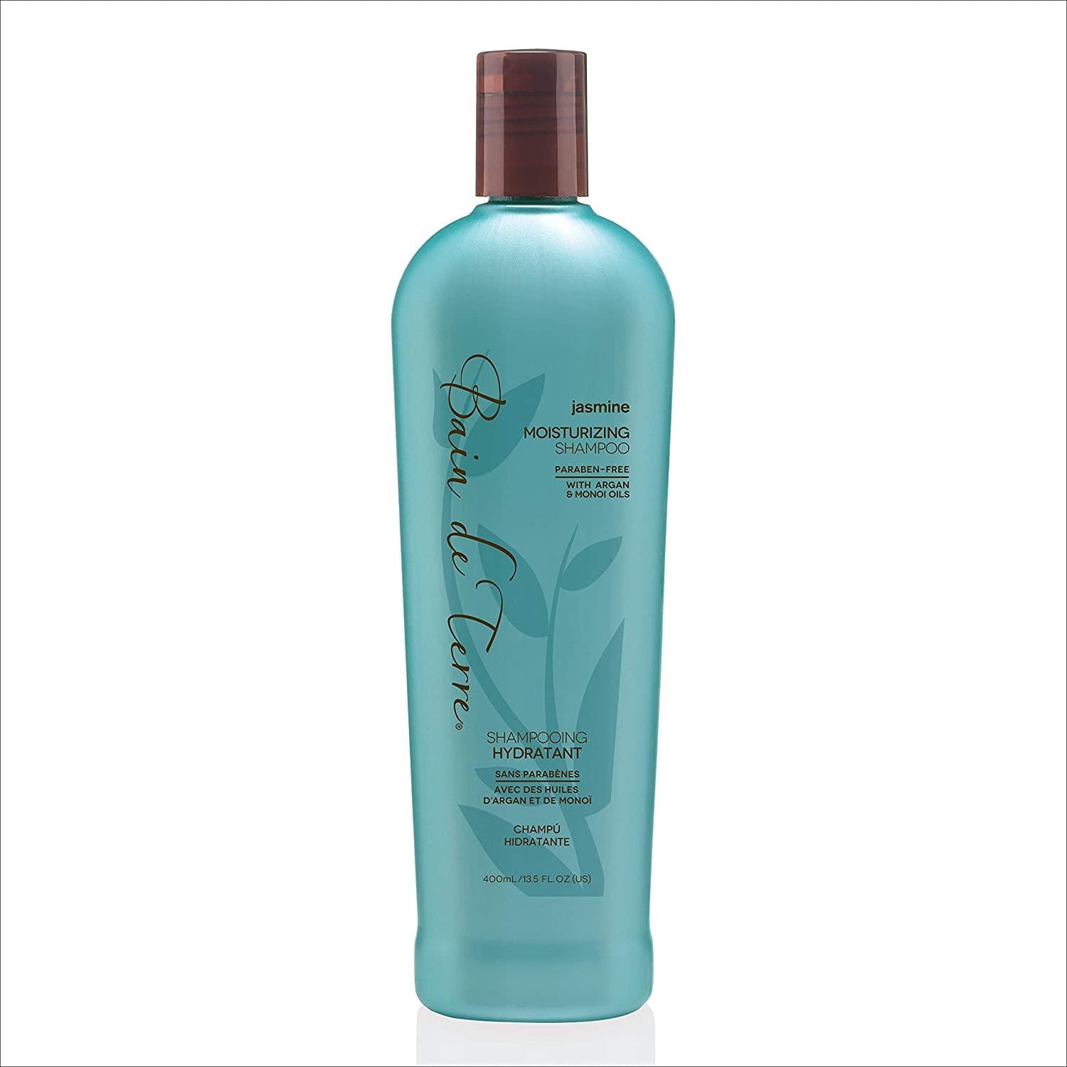 Bain De Terre Moisturizing Shampoo with Jasmine, 13.5 fl oz, natural hair care product in a clear bottle with a white cap