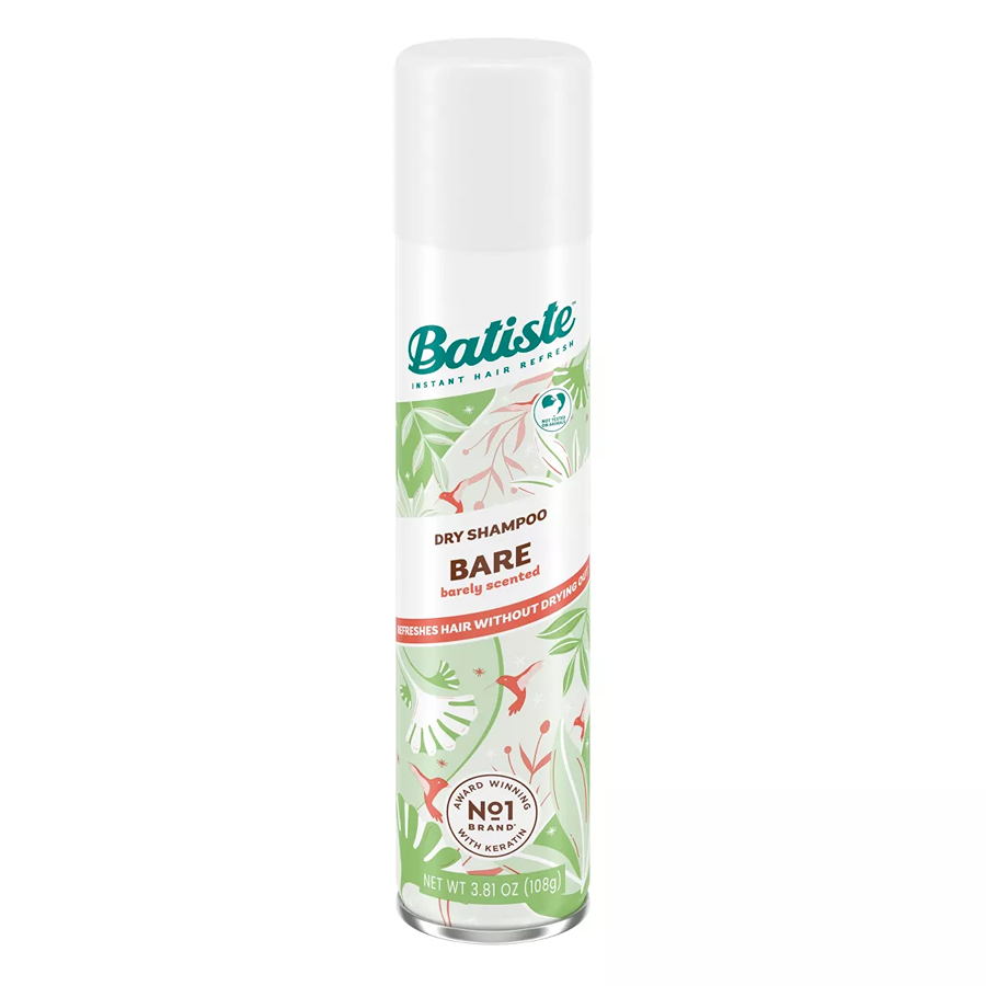 Batiste Bare Dry Shampoo by Pasteur Pharmacy, lightly scented, with a clear bottle and nozzle for easy application.