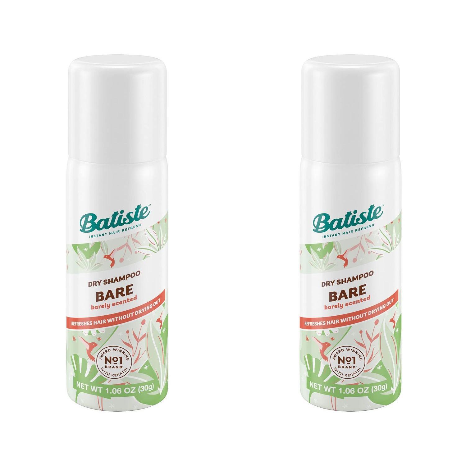 Batiste Dry Shampoo Bare mini travel size 1.6 oz in a clear spray bottle, designed for quick refreshes and lightweight hair care.