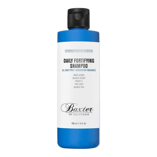 Baxter of California Daily Fortifying Shampoo in 8 oz bottle, natural shampoo for strengthening hair, displayed on a white background
