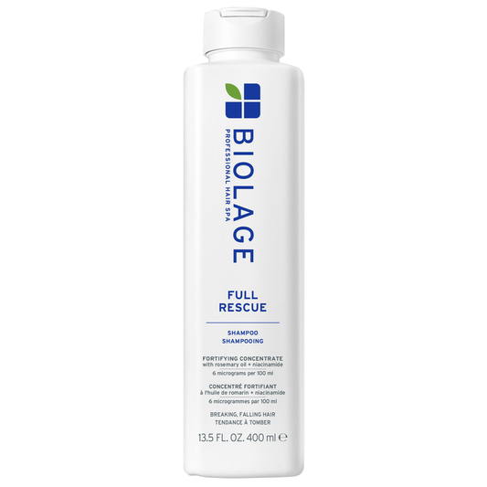 Biolage Full Rescue Shampoo 400ml bottle with label, designed for damaged hair, displayed on a plain background.