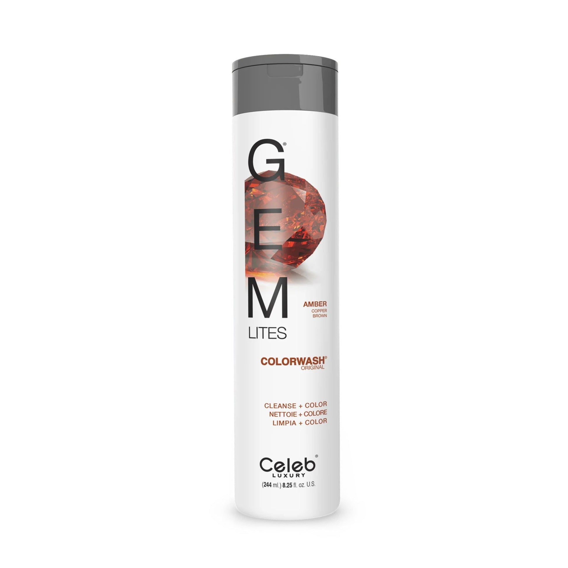 Celeb Luxury Gem Lites Amber Copper Brown Colorwash shampoo bottle, highlighting copper-brown hair color treatment from Pasteur Pharmacy