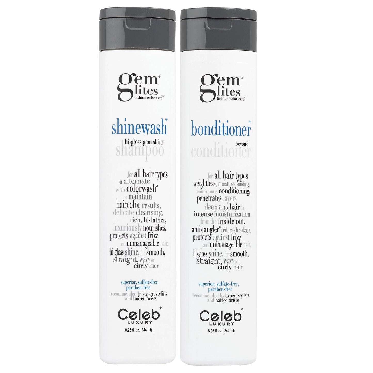 Celeb Luxury Gem Lites Shinewash Shampoo in 8.25 oz bottle, featuring sleek packaging and clear label for vibrant, shiny hair.