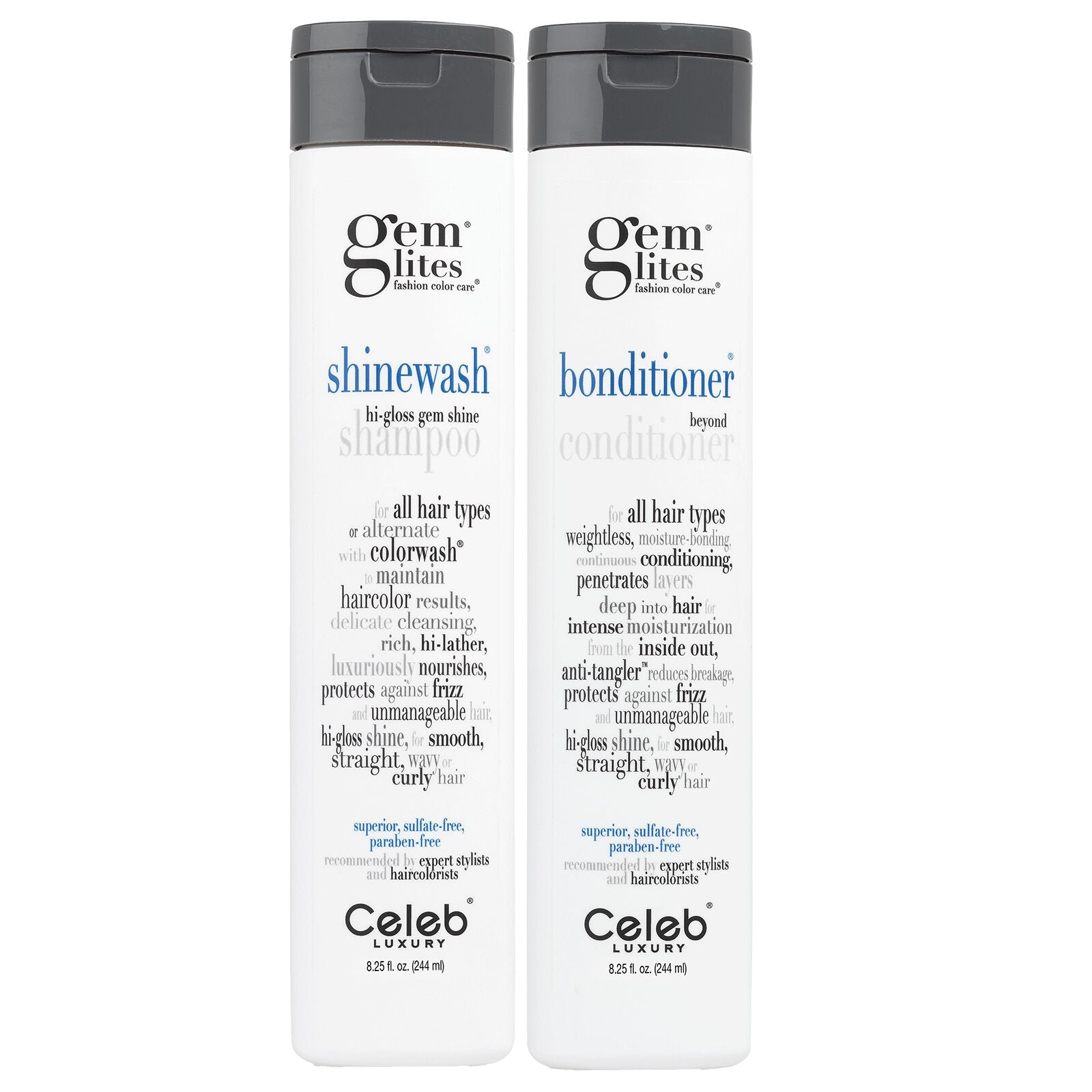 Celeb Luxury Gem Lites Shinewash Shampoo in 8.25 oz bottle, featuring sleek packaging and clear label for vibrant, shiny hair.