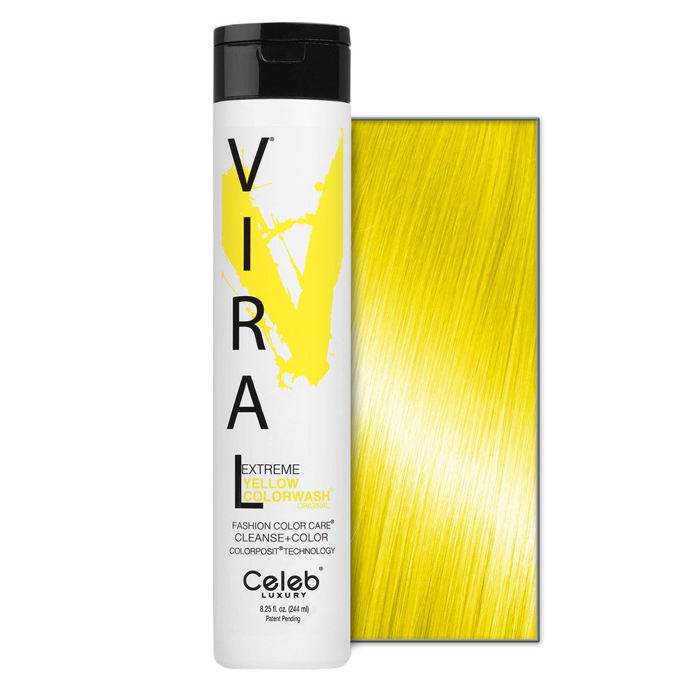 Celeb Luxury Viral Extreme Yellow Colorwash shampoo in 8.25 oz bottle, designed to tone and neutralize yellow hues in blonde hair.