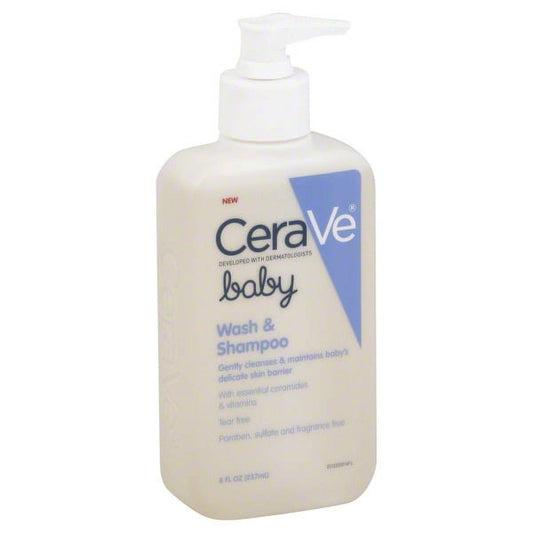 CeraVe Baby Wash and Shampoo bottle showing gentle baby shampoo and wash formula in a clear 8 fl oz container