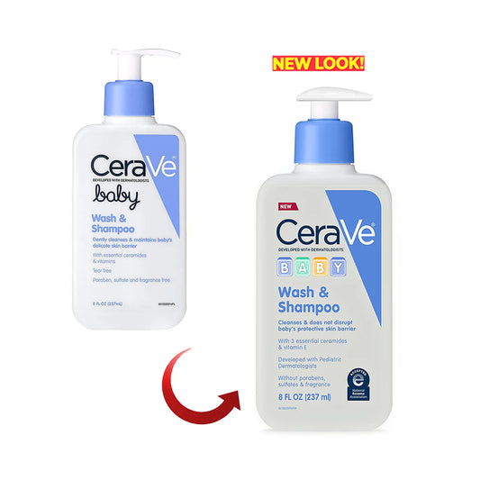 CeraVe Baby Wash & Shampoo in 8 Fl Oz bottle, gentle cleanser for baby's skin and hair, from Pasteur Pharmacy