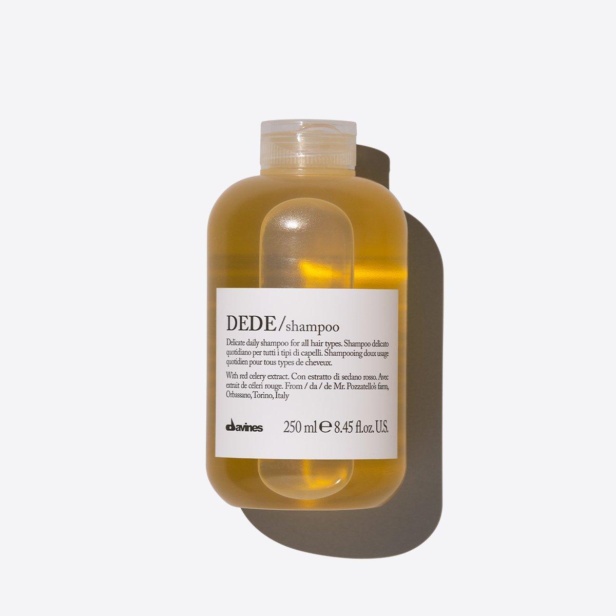 Davines Essential Haircare Dede Shampoo 250ml bottle, moisturizing shampoo for hair care, displayed with label and packaging.