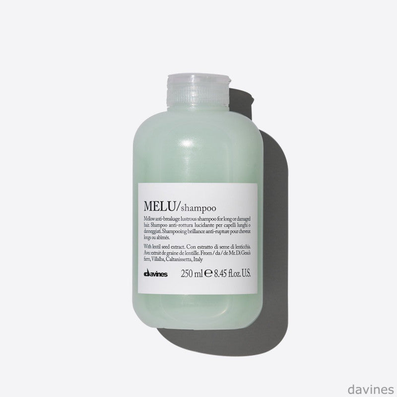 Davines MELU Shampoo Mellow Anti-Breakage Lustrous 250ml bottle with labeled cap and sleek design.