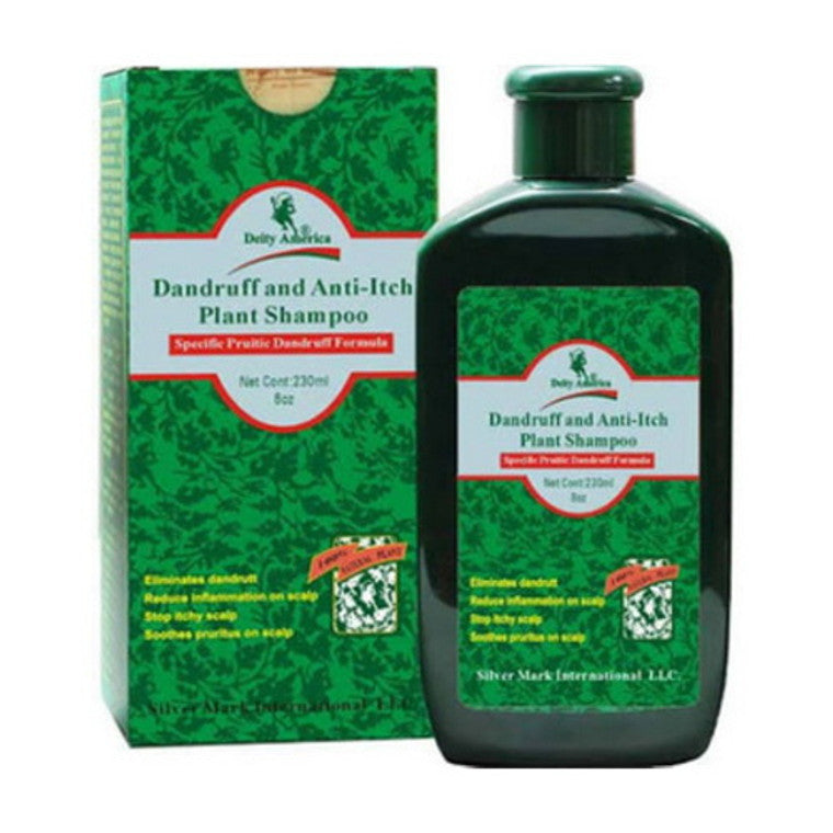 Deity America anti-dandruff and anti-itch plant shampoo in an 8 oz bottle, featuring natural ingredients for scalp relief