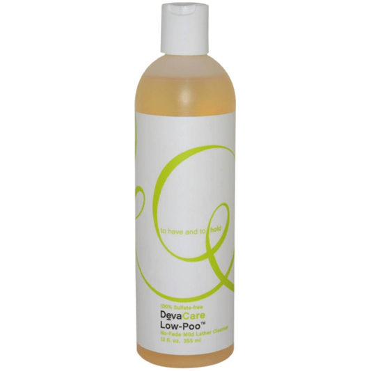 DevaCare Low-Poo No-Fade Mild Lather Cleanser shampoo in 12 oz bottle, gentle hair cleanser by Pasteur Pharmacy